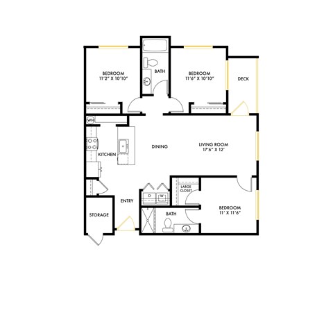 Floor plan for 3 beds, 2 baths, 1205 sqft